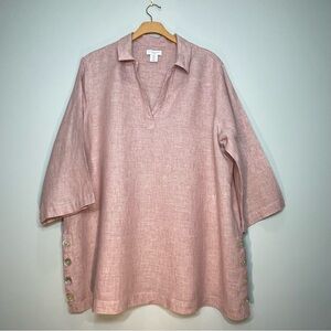 ANTIBES BLANC Women's 100% Linen Tunic Top Rose Pink Mauve Button Accent Size 1X